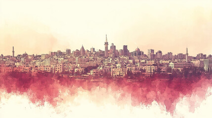 Naklejka premium Amman, Jordan, color pen pencil hand-drawn effect drawing illustration for travel poster, card, wallpaper, backdrop or banner. Modern, clear, artistic and simple