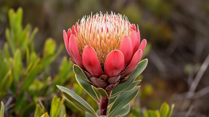 Beautiful pink protea flower blooming amidst green foliage in a natural landscape during a sunny afternoon