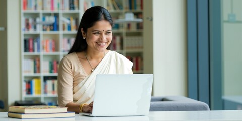 Professional Indian Woman Wearing Sari Using Laptop at Modern Library