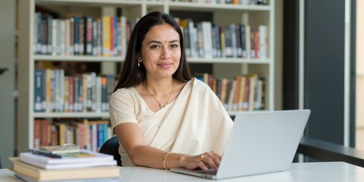 Professional Indian Woman Wearing Sari Using Laptop at Modern Home Office - Powered by Adobe