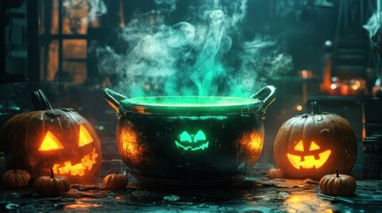 Halloween Cauldron with Green Potion and Jack o Lanterns