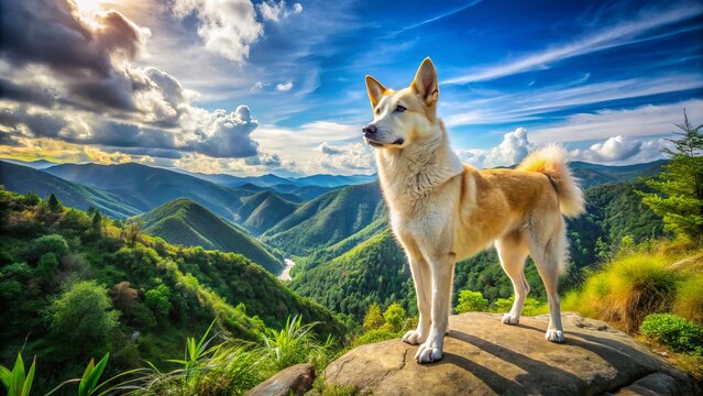In a serene outdoor setting filled with lush vegetation and a bright blue sky, a majestic Alabay dog