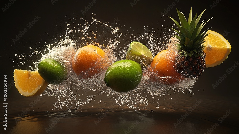 Sticker   A pineapple, orange, lemon, and lime are splashing into the water on a black background