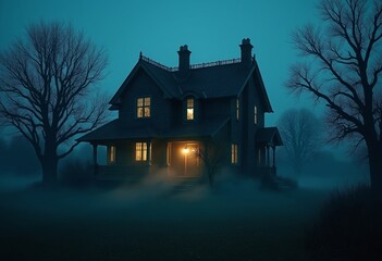 Spooky haunted house at night, glowing windows and mist rising from the ground