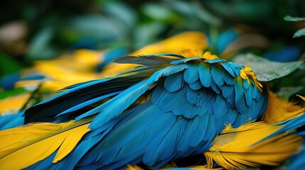 Obraz premium A yellow-green bird rests atop a yellow-green feather mound amidst green foliage