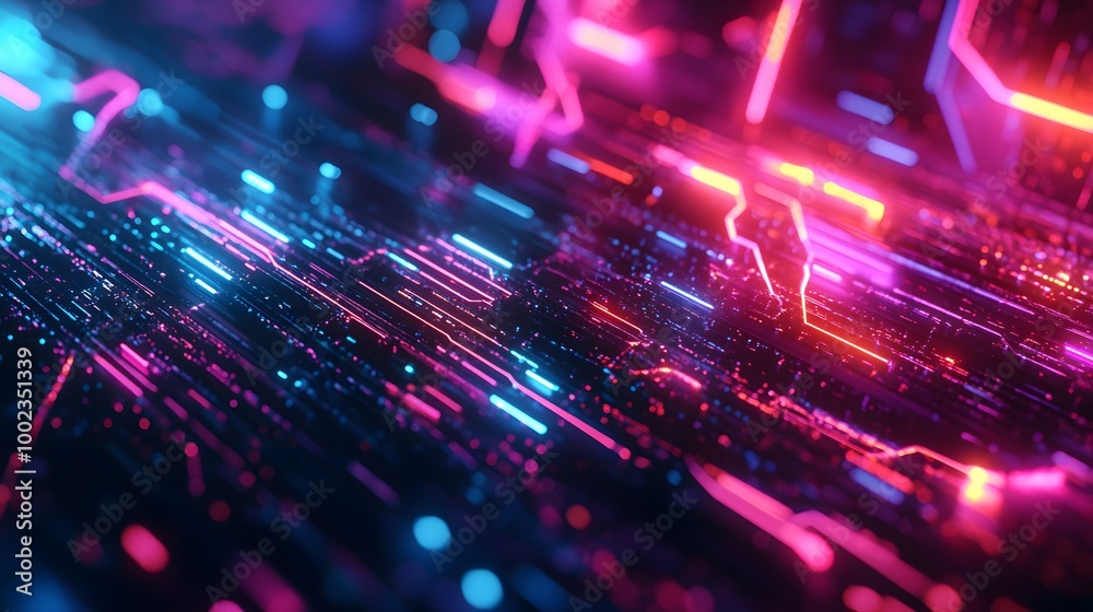 Wall mural abstract digital background with colorful glowing lines and futuristic elements, representing techno