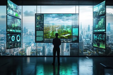 Fototapeta premium A climate analyst reviews real-time data in a futuristic control room with green landscapes visible through large windows. Generative AI