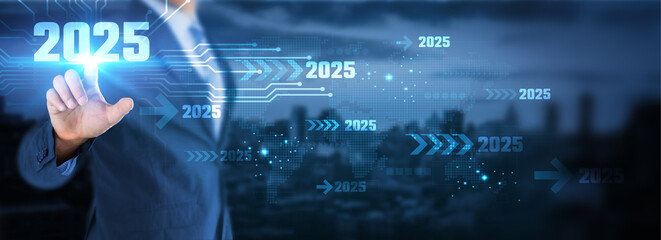 Businessman Interacting with Futuristic 2025 Technology Interface