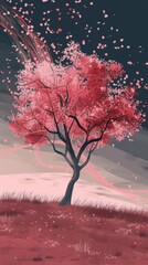 A Single Cherry Blossom Tree Stands Alone in a Serene Landscape With Falling Petals at Dusk