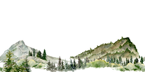Scenery landscape coniferous forest fir spruce trees, mountains fields hills pasture land alpine vista, hand drawn in watercolor. Seamless banner. Tourism, resort ads, hiking camping sites, vacation. © Elena
