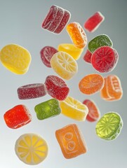 Colorful Fruit Gummies in Mid-Air, a vibrant display of assorted gummy candies suspended in a dynamic arrangement, showcasing their playful shapes and bright hues.