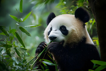 Obraz premium Giant panda eating bamboo in a lush forest environment, blending in with the green surrounding leaves. Generative AI