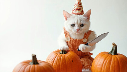 White cat wearing witch outfit carve pumpkins for halloween wearing apron and holding knife