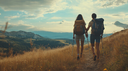 Obraz premium Loving mid aged couple with a backapacks hiking on the hills together 
