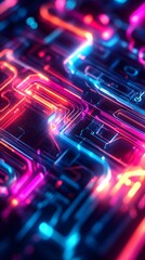 Obraz premium Abstract digital background with colorful glowing lines and futuristic elements, representing technology in a data center or internet network concept