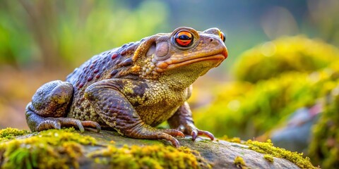 Obraz premium In spring, a European Common Toad, Bufo bufo, perches on a rock, surrounded by lush greenery, basking in