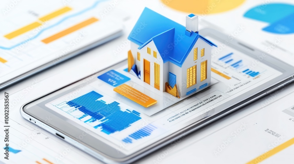 Aufkleber miniature house model on a smartphone with financial data