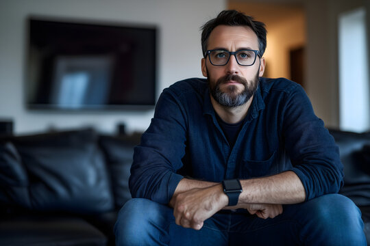 photogenic regular 40-year-old brunette man in goggles sitting on sofa with sad/worried face expression; concept of lack of sun, depression, resting after injury or broken heart