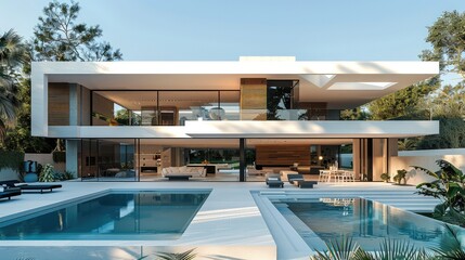 Fototapeta premium Modern house with pool. The structure is made from white concrete, steel frame construction. It has two wings connected by bridge that create an open space between them for outdoor activities.