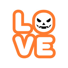 Logo con palabra LOVE con calabaza de Halloween con cara tallada en lugar de letra O para felicitaciones y tarjetas