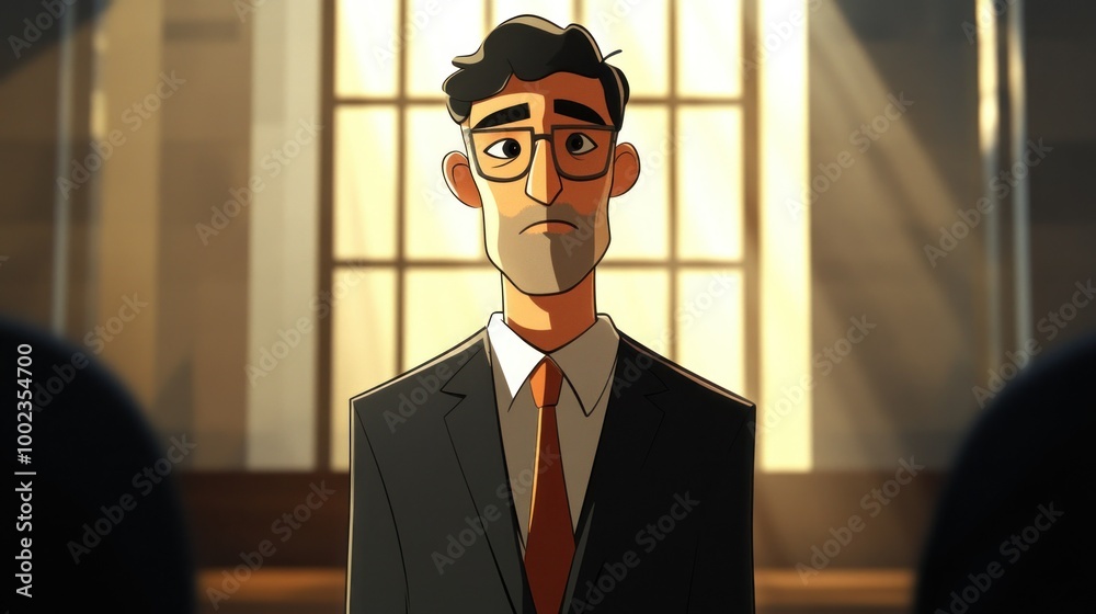 Poster a man in a suit standing in front of a window