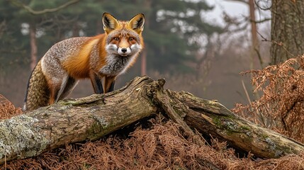 Fototapeta premium Red fox on tree trunk amidst forest trees