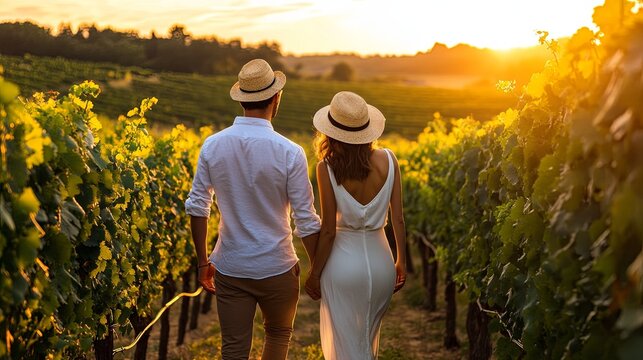 A couple walks hand-in-hand through a vineyard at sunset, enjoying a romantic moment in nature.