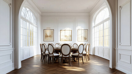 Elegant dining room setup with round table and soft lighting in a modern restaurant during evening hours