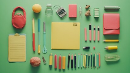 School supplies organized on a green background for back-to-school preparations