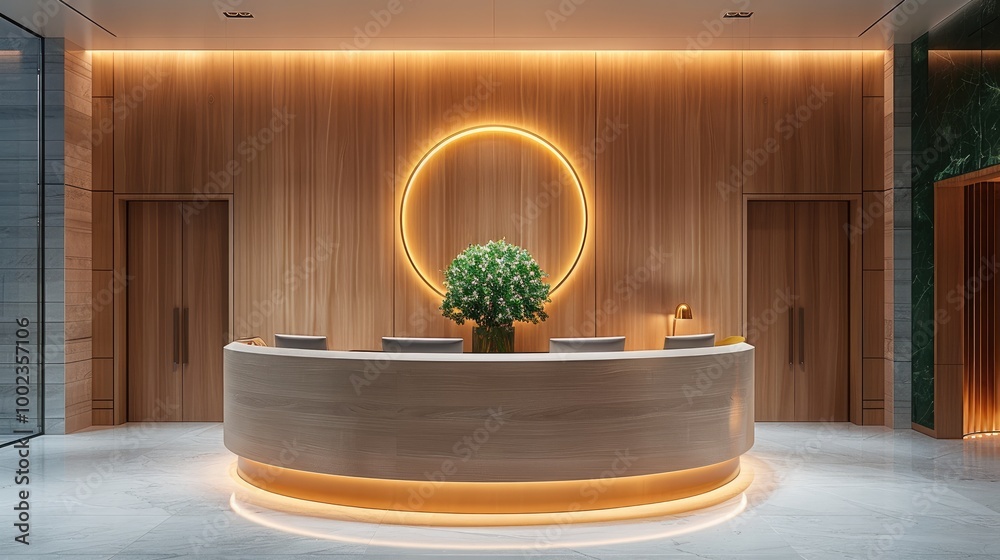 Aufkleber the large round reception desk is made of light wood and has an led strip light at the base and abov
