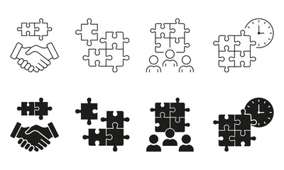 Partnership, Relationship, Agreement, Collaboration Concept. Puzzle with Time. Deadline for Teamwork. Editable Stroke. Isolated Vector Illustration