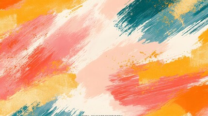 A vibrant, abstract painting featuring bold strokes of pink, orange, teal, and cream, creating a lively and artistic background.