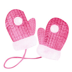 A pair of pink knitted mittens with pom pom's, handmade in watercolor on a white background. An isolated element of the clipart. Useful for posters, postcards, prints, winter stickers