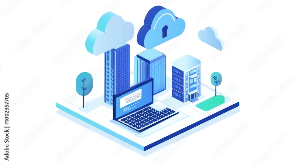 Poster isometric illustration of secure cloud computing with laptop and buildings
