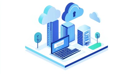 Obraz premium Isometric Illustration of Secure Cloud Computing with Laptop and Buildings