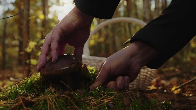 Man cuts Scaber stalk by folding knife and puts birch bolete in wicker basket. Search for edible mushroom Leccinum scabrum in autumn forest in October. Mushroom hunting for Birch bolete. Sunny day