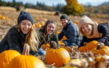 A group of four friends joyfully enjoying a pumpkin patch during autumn, surrounded by vibrant pumpkins and fall foliage.