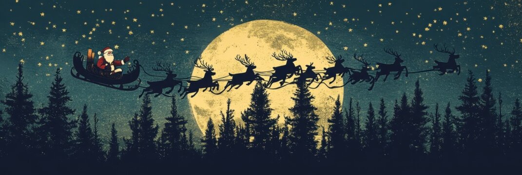 A silhouette of reindeer flying with Santa Claus in a sleigh against a full moon and starry sky over a forest of pine trees