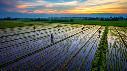 asian rice farmers in a sunset landscape