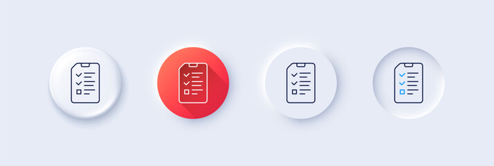 Checklist Document line icon. Neumorphic, Red gradient, 3d pin buttons. Information File sign. Paper page concept symbol. Line icons. Neumorphic buttons with outline signs. Vector