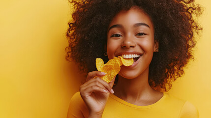 A black positive teenage girl with curly hair is eating potato chips on a yellow background. A young woman smiles and eats a delicious snack