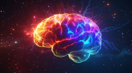A Vibrant, Electrified Brain in a Cosmic Setting Showcasing Neural Connections and Energy Bursts