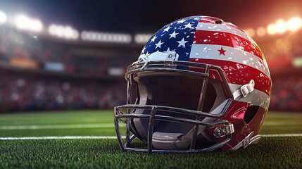 American football field stadium lights helmet and ball touchdown background