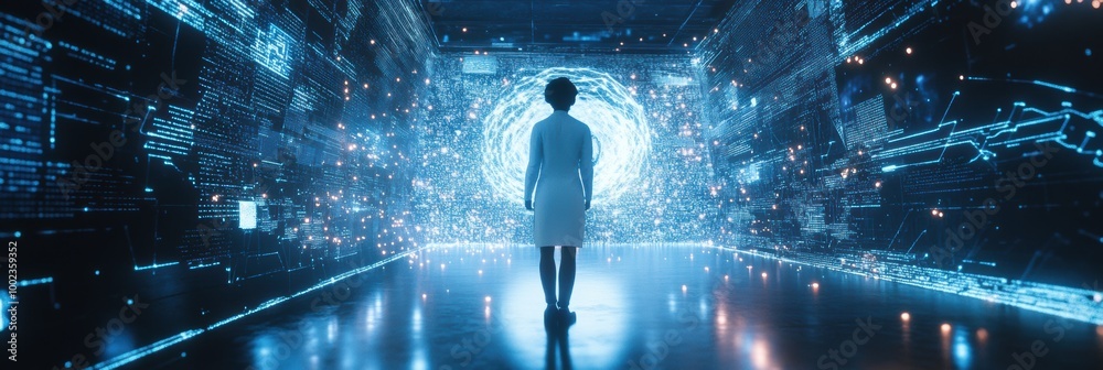 Aufkleber A futuristic professional engages with floating holographic data amidst neural network patterns in a tech-filled environment. Generative AI