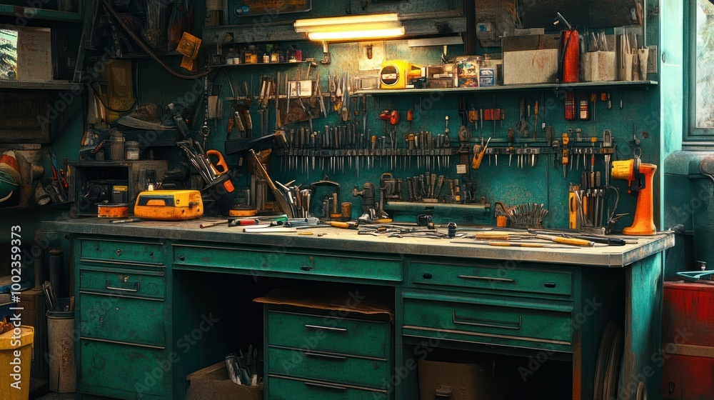 Poster an organized workshop with tools and a green workbench
