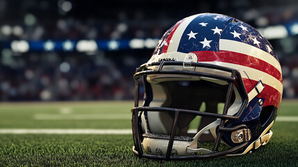 American football field stadium lights helmet and ball touchdown background