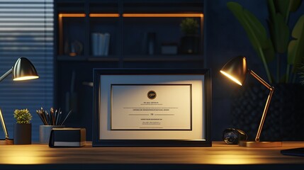 A desk scene featuring a framed certificate, desk lamps, plants, and stationery, creating a professional atmosphere.