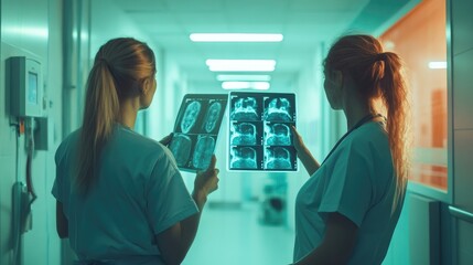 Obraz premium Two female doctors reviewing X-ray images 