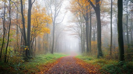 Obraz premium Tranquil foggy forest with a peaceful autumn 