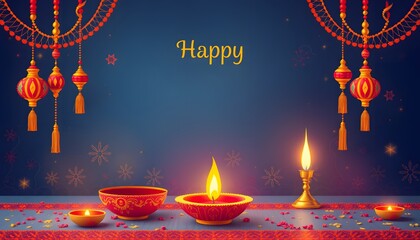 Beautiful Diwali greeting card featuring traditional oil lamps, vibrant decorations